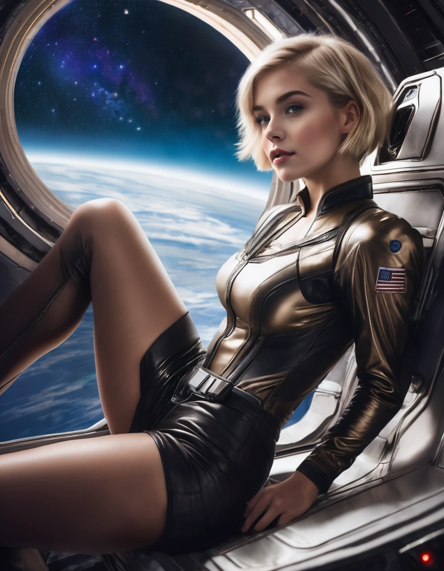 Young sexy blonde woman with short hair and wearing hot clothes sits on the seat of a spaceship, and beautiful stars are visible from the window.