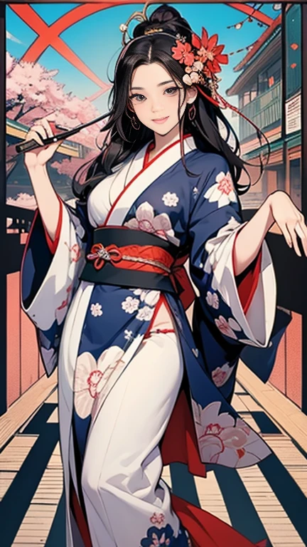SeaArt creates stunning digital illustrations of beautiful women in kimono、A beautiful woman smiles and shows her upper white teeth、Vividly colored digital illustrations reminiscent of Ukiyo-e、Brown-black long hair、Beautiful full body style、If you want to dance, try the Tokyo Ondo～Yoiyoi、Yukata looks good too、Beautiful and innovative digital anime paintings,、 Detailed digital anime art in the background、Shrines and temples in Kyoto、Beautiful digital animated portrait、