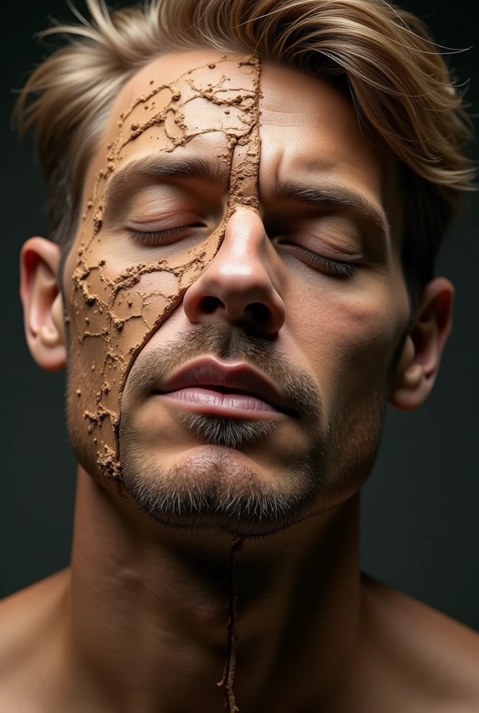 Create black and white, men face burn on fire, face skin peeled, ????, ugly look, straight look, ????