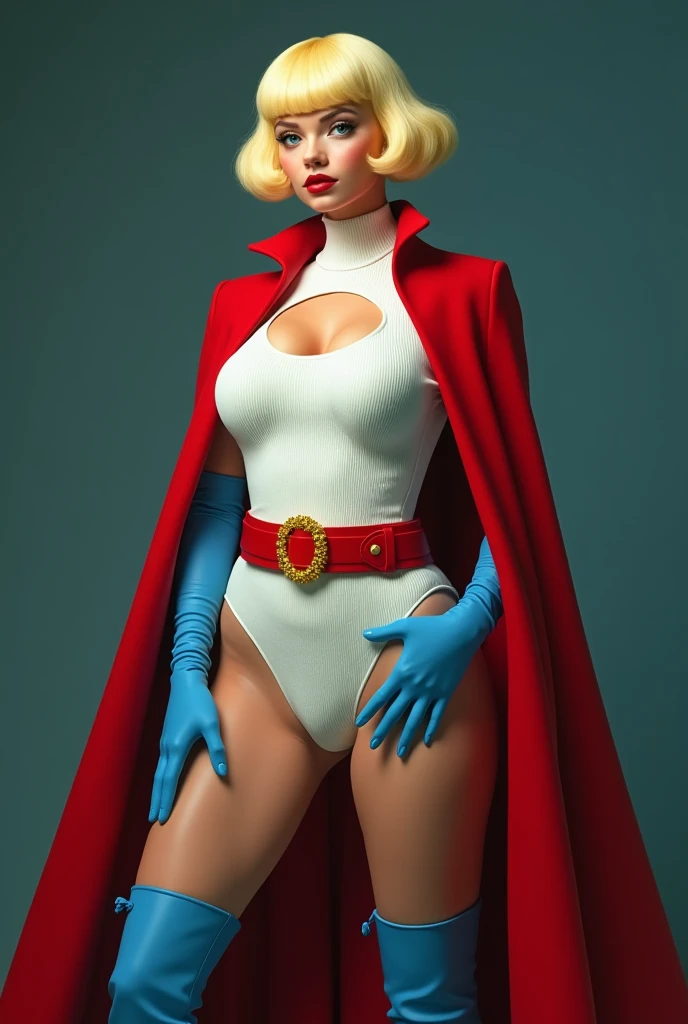 A SEXY BUSTY FEMALE WITH SHORT BLONDE HAIR, BLUE EYES WEARING A WHITE TURTLE NECK CORDROY LEOTARD WITH A ROUND CUT OUT HOLE ON THE CHEST, LONG BLUE GLOVES, TALL BLUE BOOTS, A RED WAIST BELT WITH A YELLOW CIRLCE BUCKLE, AND A LONG RED CAPE ATTACHED AT THE NECK WITH A GOLD CLASP.. ABSURD 8K DETIALS AND TEXTURES. MASTERPIECE.