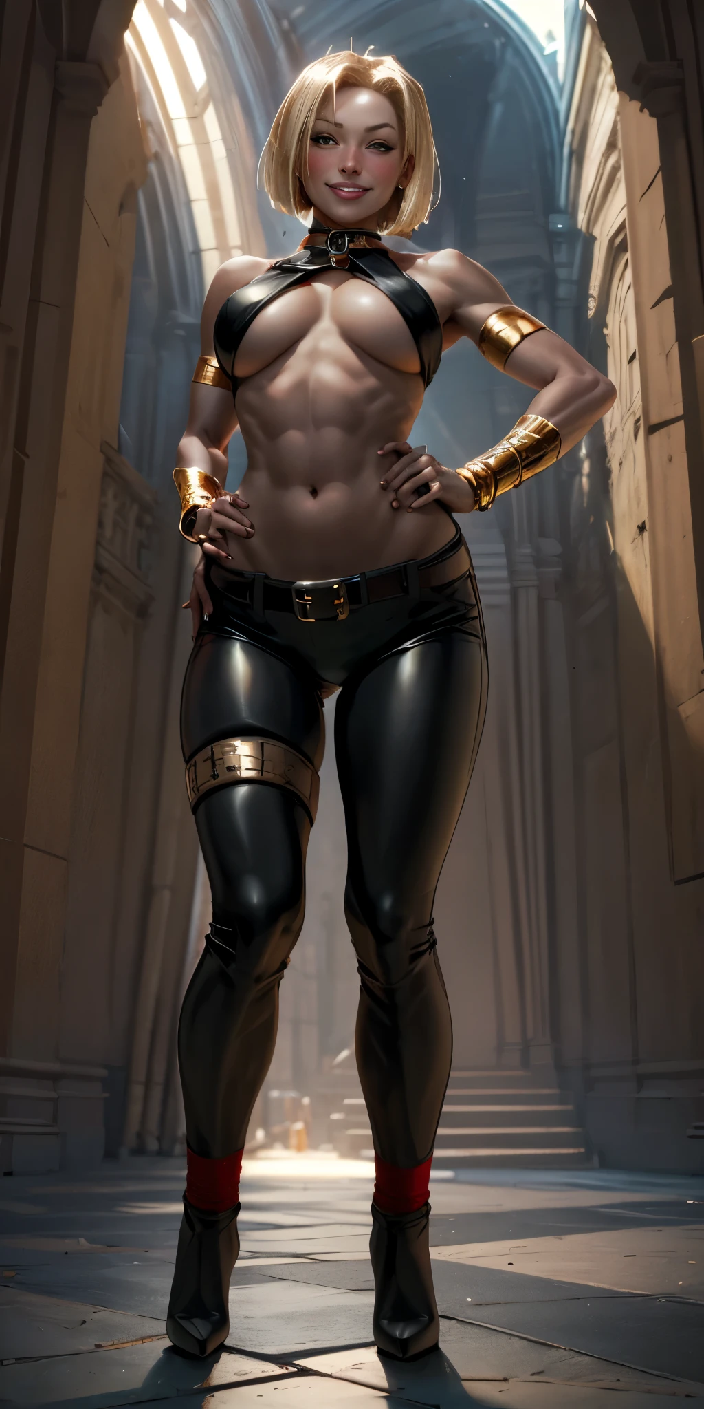 full body, whole body, solo, female, big breast (Android 18 Face) yellow bikini, hands on hips, hands on waist, navel, lustful smirking smiling, smile face (red blushed, red cheeks) metal shoulders, gold sleeveless armbands, black leather choker collar, shackle bracelet, pauldrons, breastplate, leather corset, eye focus, loincloth standing, metal sandals, twin big belt, view from below, feet together, bracers, tiara