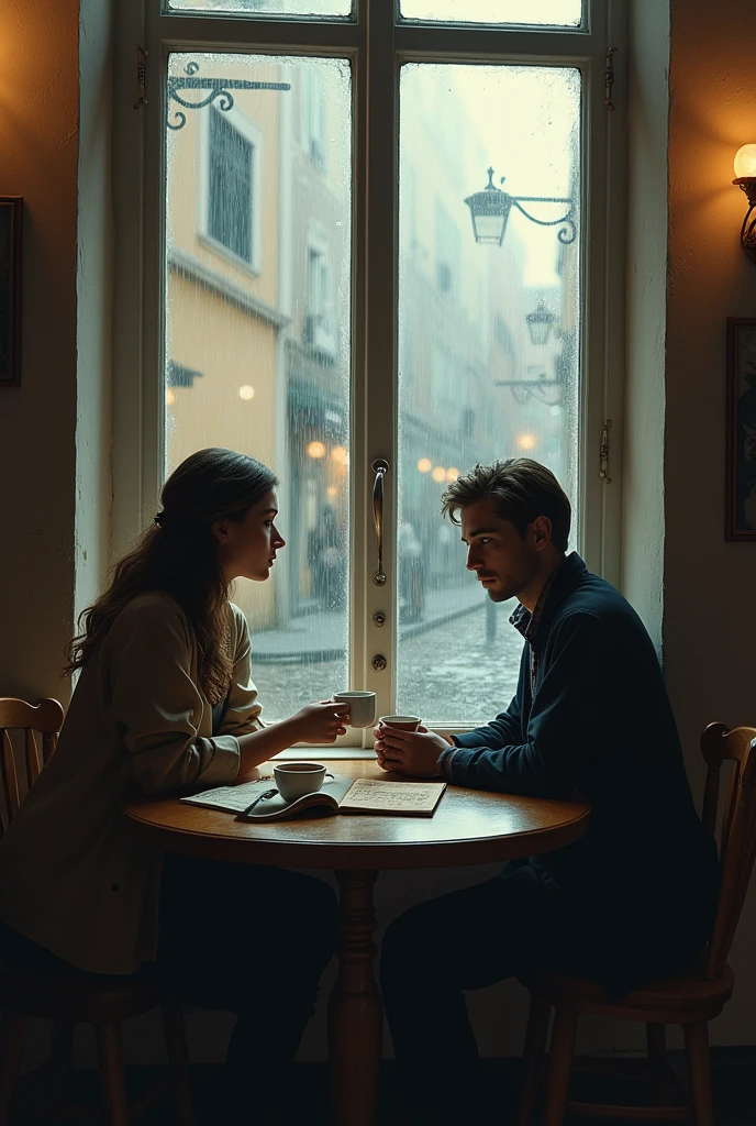 Here is a third proposal for the cover of your story:
### 1. **Background and Stage:**
- **Interior scene in an Italian cafe:** Place it to thes personajes dentro de un café tradicional italiano, with large windows showing a cobblestone street and a cloudy sky. The interior of the cafe should have a warm atmosphere, with soft lights, warm colored walls, and classic details such as wooden tables and antique chairs.
- **Outside with rain:** Through the windows, you could see that it is raining gently, with the raindrops sliding down the glass, creating a melancholic but cozy atmosphere.
### 2. **Characters:**
- **Rome:**
- **position:** Rome está sentada cerca de uno de los ventanales, looking out with a thoughtful expression. I could have a cup of coffee in my hands, as if taking a moment to reflect.
- **outfit:** A comfortable wool sweater and dark pants, something that reflects a casual but careful style, in keeping with the interior scene.
- **Damiano:**
- **position:** Damiano is at the same table, but further away, maybe in profile or slightly from behind, suggesting that he is deep in his own thoughts. You can have your guitar leaning against the table, indicating that he is a musician, Although at that moment he seems to be disconnected from the world.
- **outfit:** White shirt, that shows his artistic side but also his emotional vulnerability.
### 4. **Symbolic Elements:**
- **reflections in the glass:** Play with the reflections in the cafe windows, donde podrían verse de manera borrosa las figuras de Rome y Damiano, suggesting an unexplored connection between them.
- **Books or Letters:** You could include some books or an open letter on the table., insinuando que Rome está buscando respuestas o consuelo en la lectura o en una correspondencia pasada.
### 5. **General Design:**
- **Introspective Composition:** Place it to the