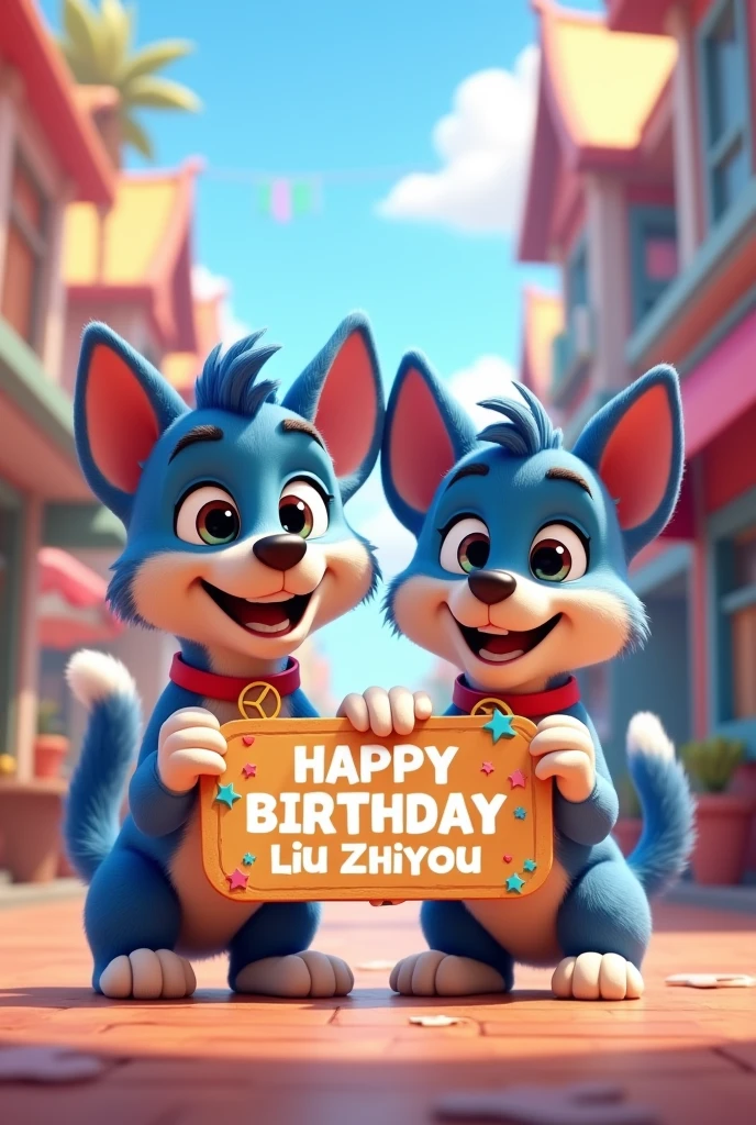 Bluey and Bingo holding a sign together "Happy Birthday to Liu Zhiyou", Smile, Happy, Reality, Vibrant colors, Fascinating
