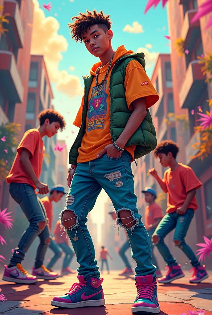 Young man aged 15 to 20 with colorful urban clothing, abstract figures dancing break dance