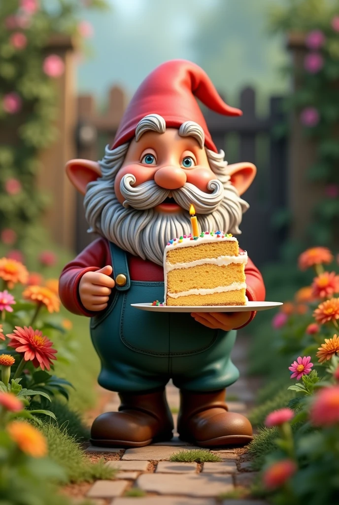 Create a garden gnome with a mustache and eating cake because it&#39;s his birthday 