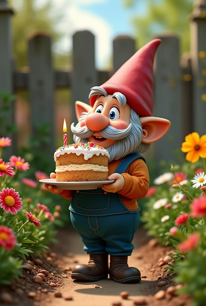 Create a garden gnome with a mustache and eating cake because it's his birthday