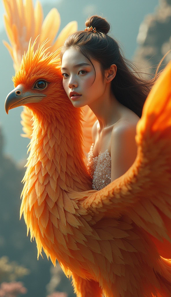 A girl riding a phoenix, detailed beautiful girl, detailed phoenix, beautiful detailed eyes, beautiful detailed lips, extremely detailed eyes and face, long eyelashes, fantasy, surreal, digital art, cinematic lighting, vibrant colors, 8k, high resolution, highly detailed, photorealistic, masterpiece