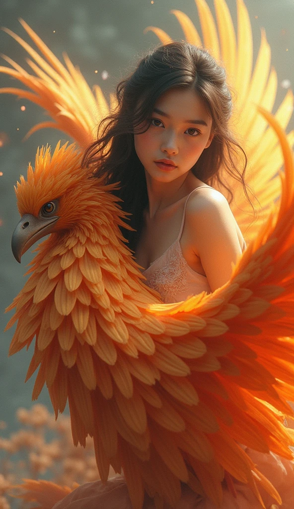 A girl riding a phoenix, detailed beautiful girl, detailed phoenix, beautiful detailed eyes, beautiful detailed lips, extremely detailed eyes and face, long eyelashes, fantasy, surreal, digital art, cinematic lighting, vibrant colors, 8k, high resolution, highly detailed, photorealistic, masterpiece