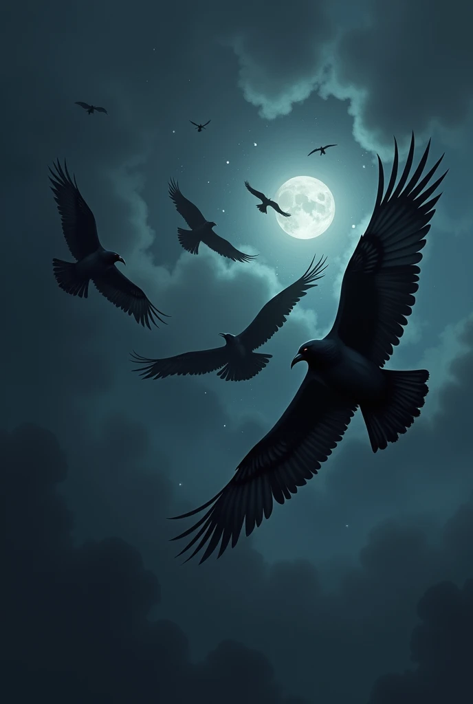 Black crows flying the nights sky