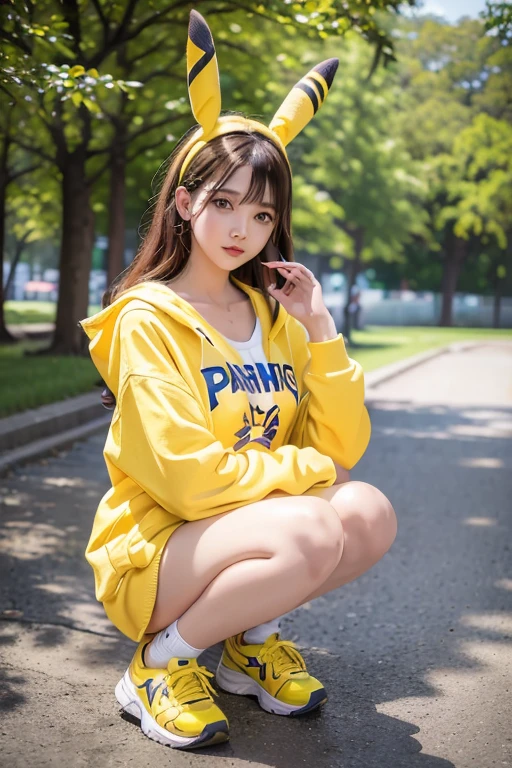 (8k, masterpiece, Highest quality),girl１name、Yellow clothes、Park Background、Headshot 1 person, High resolution, Anatomically correct, Highest quality, Character portrait, Full Body Shot,pikachu ear headband