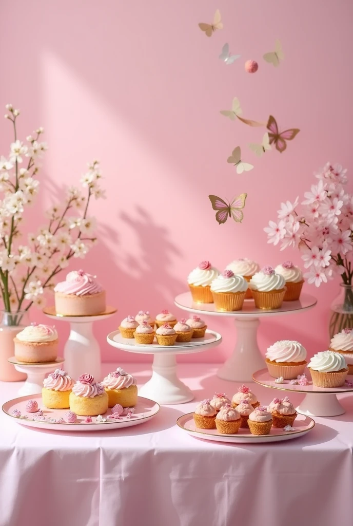 Photo of a sweet and savory table at a birthday party with a pastel pink main color and butterfly theme. The table should be elegantly decorated with CUPCAKES, and other varieties of sophisticated sweets and savory treats, all well presented.