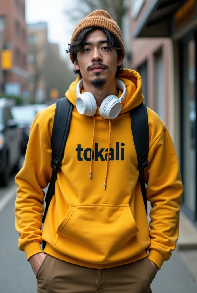 30 year old Asian short man, wavy hair, slight beard, wearing a brown beanie, white gamer headphones around his neck, wearing a yellow Hoodie with "TOKAILI" big letter on it, view from 3/4, bring camera, carrying a backpacker bag, sneaker shoes