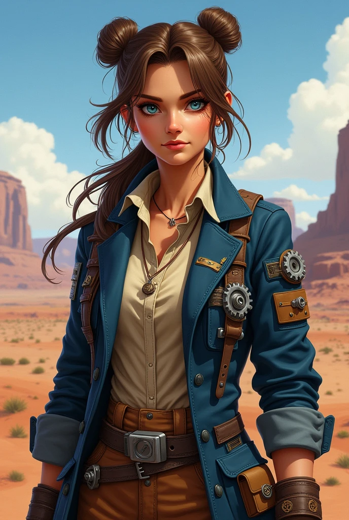 I would like a tanned woman with brown hair tied up in two buns on top of her head, with loose strands in the front, and blue eyes. She wears a brown jumpsuit with a beige shirt underneath, a navy blue overcoat with gears on it, and has tools around her. I would like her to have a mature style, and the art should be in a fantasy RPG style set in the Old West.