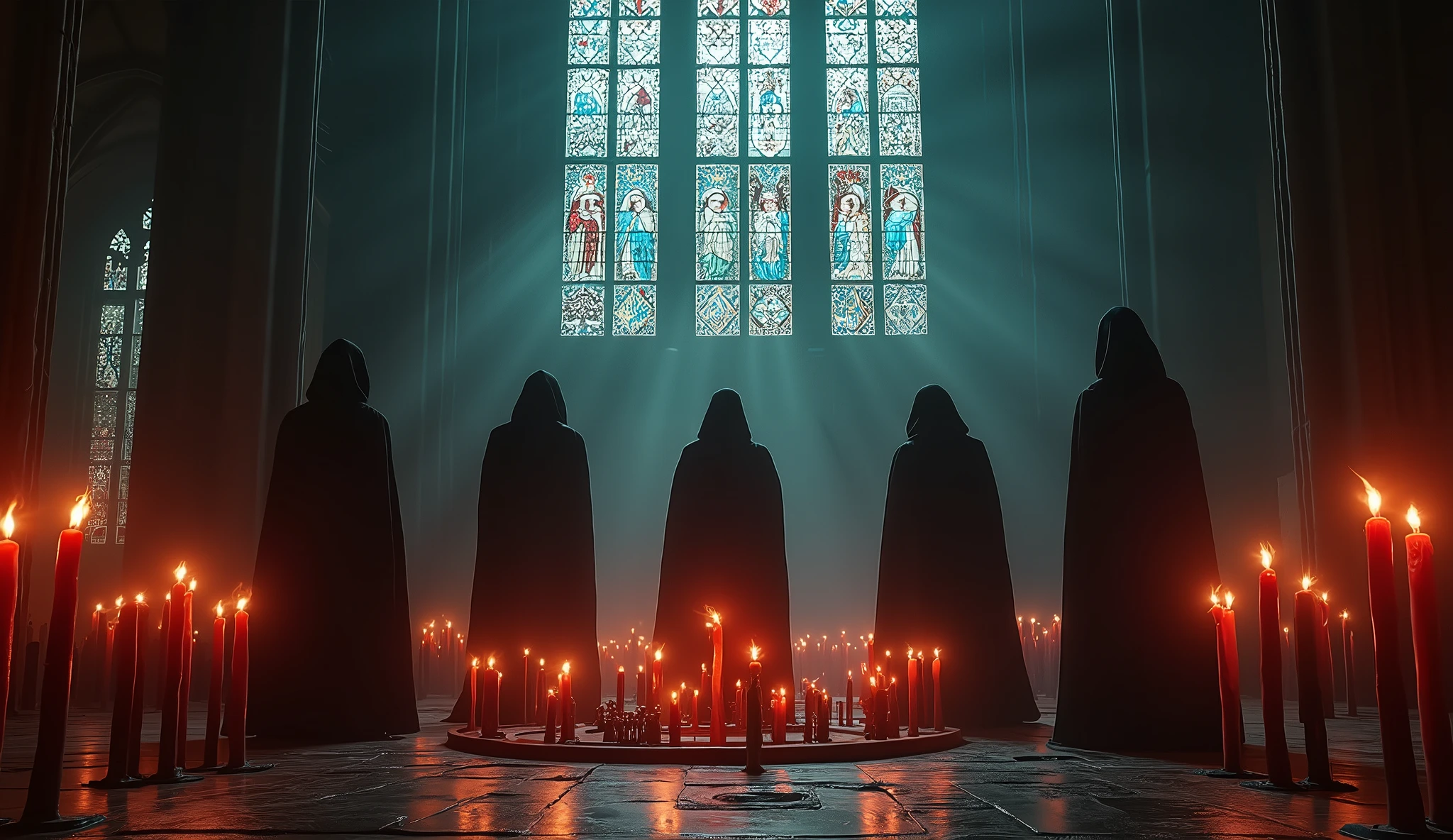 8k、lots of candles ,large stained glass,(Extreme low angle), (number々の賞を受賞したmasterpiece、Incredible detail、Texture、Maximum details),red flame candle, (summoning magic),(A cave with beautiful moonlight late at night), (dark ritual),(dark organization)arafed image of a group of people in a church with candles,lit candle, dark cinematic concept art, elegant cinematic fantasy art, photorealistic dark concept art, by Beeple, dark robes, wojtek fus, gothic epic library concept, gothic epic library, epic cinematic concept art, dark concept art, Beeple and mike winkelmann, symmetrical epic fantasy art, High resolution, masterpiece, Highest quality, Intricate details, Very detailed, Clear focus, practical skin texture, texture,  Shot with Canon, 85mm, Shallow and deep, Kodak Vision Color, Exactly, Very detailed, photograph_\(Extremist\), photographpractical, practical, Post-processing, Maximum details, Roughness, Real Life, Extremist practical, Photorealism, photographgraphy, 8K Ultra HD, photographgraphy

