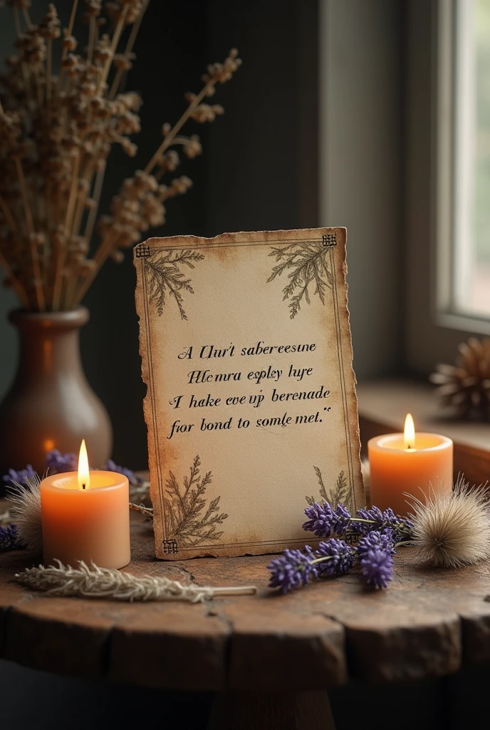 A post card containing "2 Chronicles 7:14 Then if my people who are called by my name will humble themselves and pray and seek my face and turn from their wicked ways, I will hear from Heaven and will forgive their sins and restore their land." with candles, lavender and feathers near the post card on an old dusty table
