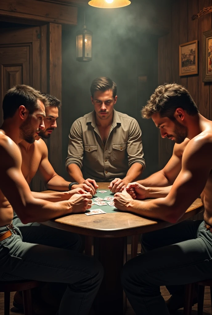 4 handsome men playing puerzeada harder in a cowboy bar some without shirts and others wearing one and a handsome skinny young man standing next to them watching how they play