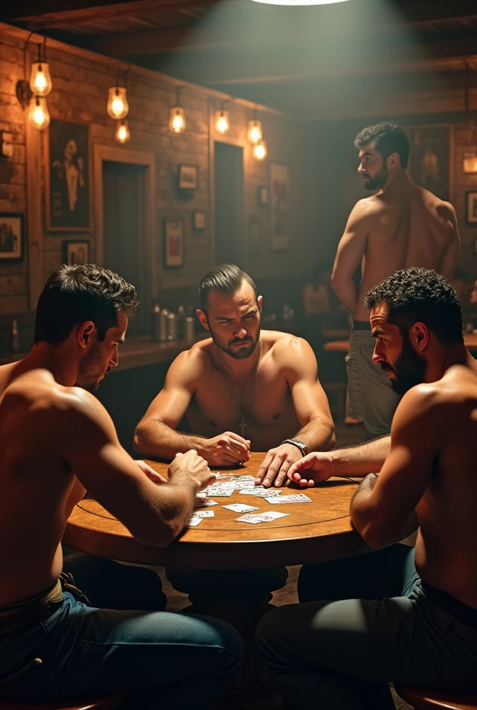 4 handsome men playing puerzeada harder in a cowboy bar some without shirts and others wearing one and a handsome skinny young man standing next to them watching how they play