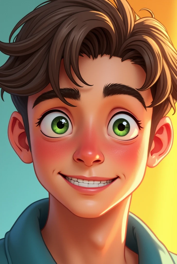 A young man of 20 years old with a fresh and youthful face. His eyes are a bright, clear green., with a mischievous glow that reflects her adventurous spirit. His eyebrows are thin and arched, Framing eyes that always seem to observe the world with curiosity. Her nose is straight and slightly upturned., giving him an air of determination. Her lips are full and slightly pink., with a smile that extends to his eyes. The skin on your face is smooth and flawless., with a light blush that gives it a healthy look. Her hair is light brown and slightly wavy., combed back with bangs falling over his forehead.