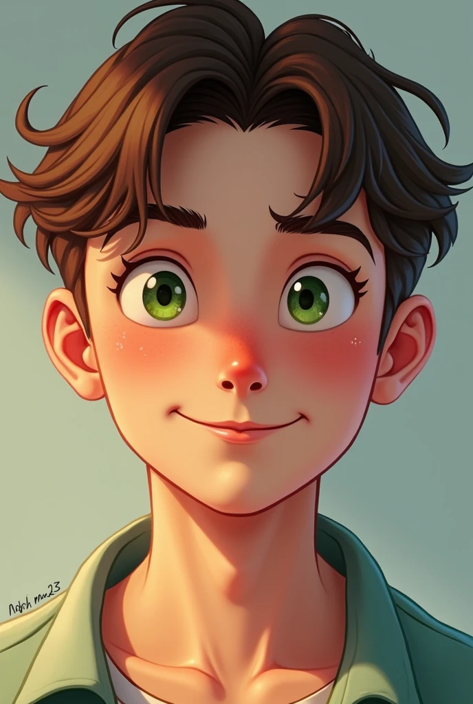 A young man of 20 years old with a fresh and youthful face. His eyes are a bright, clear green., with a mischievous glow that reflects her adventurous spirit. His eyebrows are thin and arched, Framing eyes that always seem to observe the world with curiosity. Her nose is straight and slightly upturned., giving him an air of determination. Her lips are full and slightly pink., with a smile that extends to his eyes. The skin on your face is smooth and flawless., with a light blush that gives it a healthy look. Her hair is light brown and slightly wavy., combed back with bangs falling over his forehead.