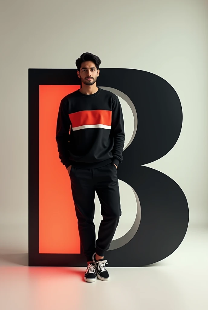 The real Indian 1 boy with black hair is wearing a casual outfit including a black tricolor sweatshirt, jogger pants and sneakers. The man is leaning on a large bright tricolor letter ‘B’, which is black with white accents. The overall color scheme is minimal, focusing on the colors of the tricolor. The scene has a modern and clean aesthetic, with soft darks and subtle shadows.”