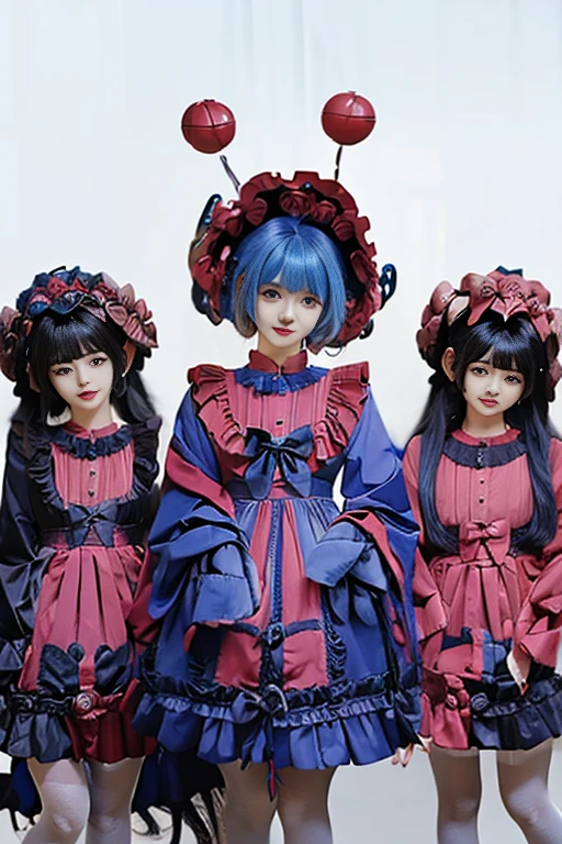 Three clown girls　clowning　Rubber Suit　hair color: blue(1.1)　Japanese　Red and blue clown suit　Two-pronged clown hat　Clown makeup