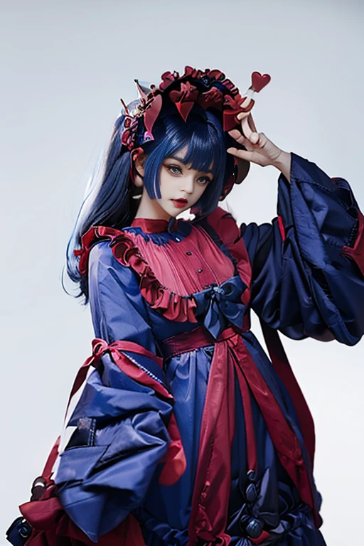 Three clown girls clowning Rubber Suit hair color: blue(1.1) Japanese Red and blue clown suit Two-pronged clown hat Clown makeup
