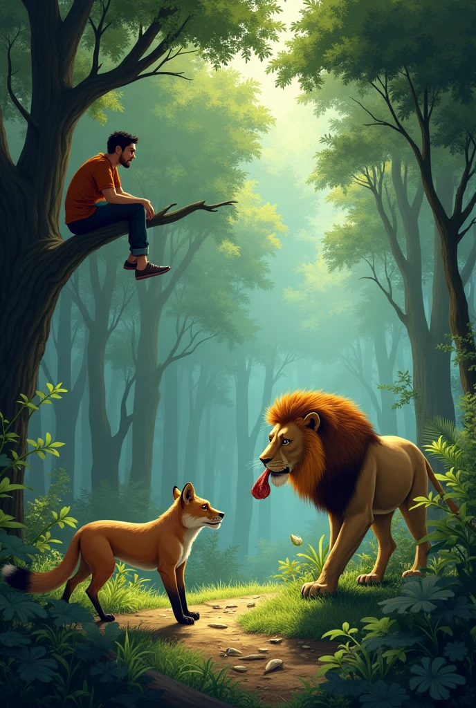 After some time, he started to move on from the forest. While crossing the forest, he saw a fox which had only two legs. The lazy man thought, "How can this fox stay alive in such a poor condition?" e for ries
Suddenly, he saw the lion coming towards piece of meat in his mouth. All the animals ran away as they saw lion coming towards them. The lazy man climbed up the tree to save himself but, the fox stayed at its place. But what the lazy man saw was truly surprising! The lion left a piece of meat which was in his mouth for the fox.