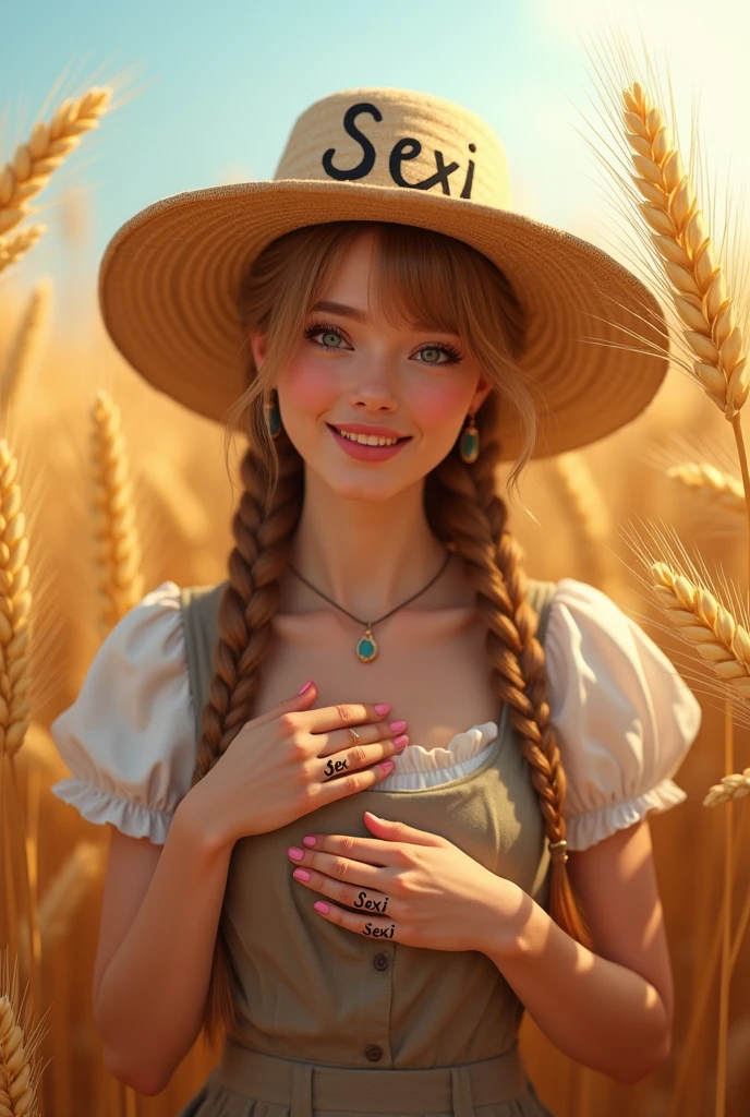 A peasant woman, with a hat on his head with the name Sexi on his hands and wheat around him. Lively but let the name go in the hands of the Lord Sexi smiling Sexy delights