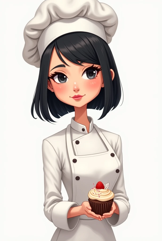 Create a caricature of a woman with straight hair, cut above the shoulders and in black color. She has bangs parted only to the left side.. She has small, black eyes.
She is wearing a pastry chef outfit and holding a cupcake..
