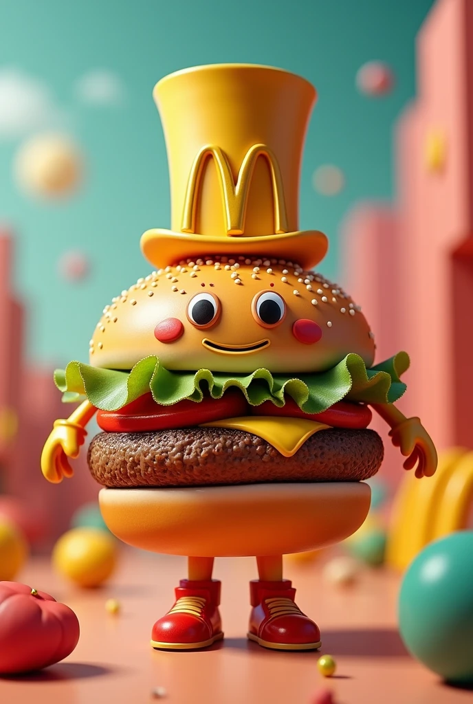 A character dressed as a hamburger wearing a McDonald&#39;s top hat 