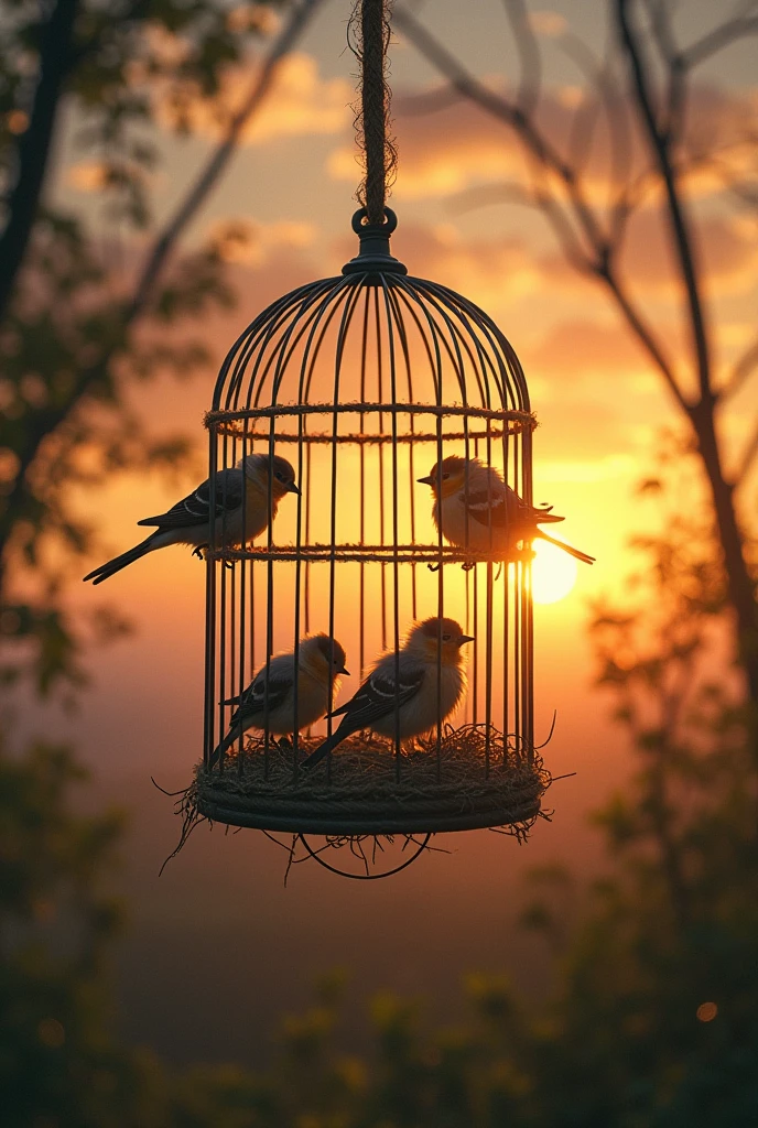 a cage with small birds inside and outside it, in the middle of the cage, around a rope tightening, the background with the sunset