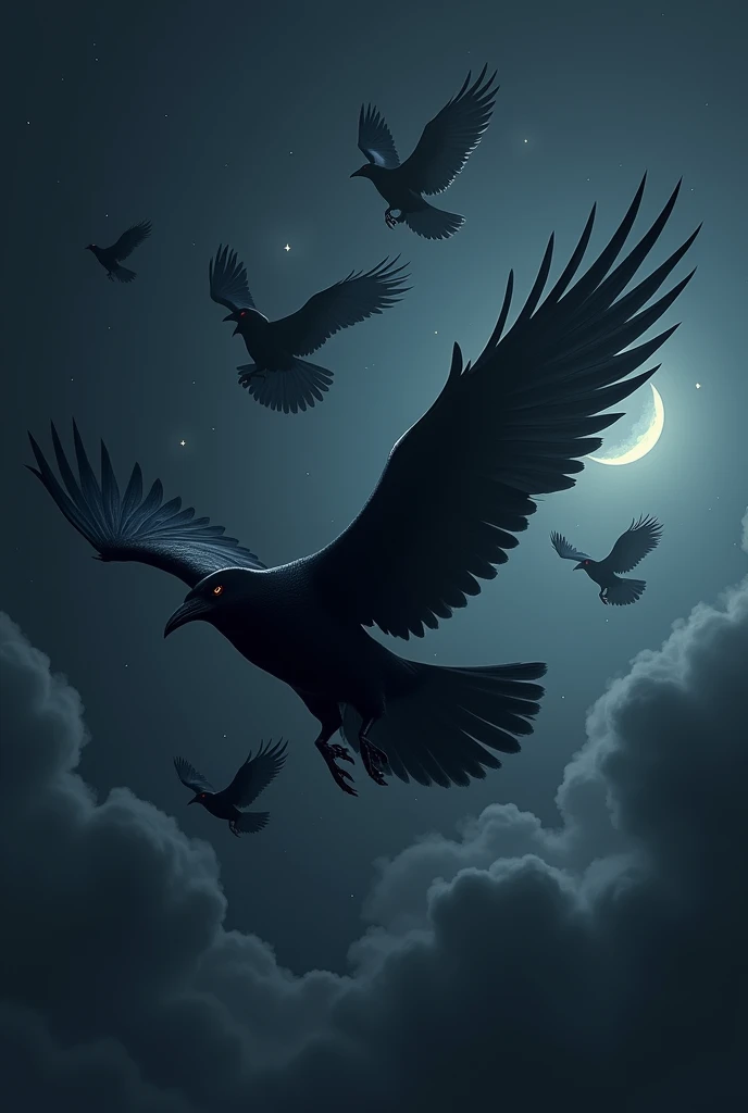 Black crows flying the nights sky