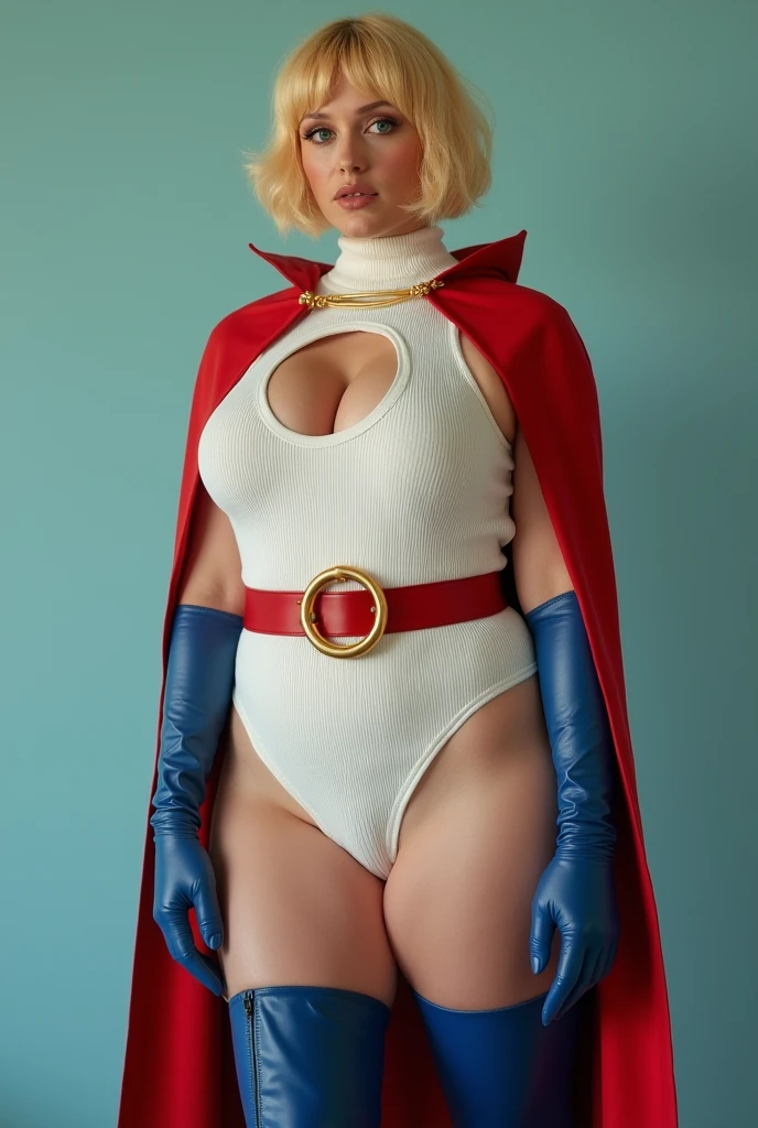 A SEXY BUSTY FEMALE WITH SHORT BLONDE HAIR, BLUE EYES WEARING A WHITE TURTLE NECK CORDROY LEOTARD WITH A ROUND CUT OUT HOLE ON THE CHEST, LONG BLUE GLOVES, TALL BLUE BOOTS, A RED WAIST BELT WITH A YELLOW CIRLCE BUCKLE, AND A LONG RED CAPE ATTACHED AT THE NECK WITH A GOLD ROPE. ABSURD 8K DETIALS AND TEXTURES. MASTERPIECE.