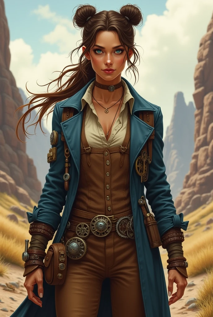 I would like a tanned woman with brown hair tied up in two buns on top of her head, with loose strands in the front, and blue eyes. She wears a brown jumpsuit with a beige shirt underneath, a navy blue overcoat with gears on it, and has tools around her. I would like her to have a mature realistic style, and the art should be in a fantasy RPG style set in the Old West.