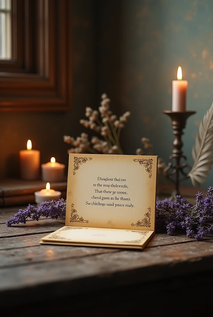 A post card containing "2 Chronicles 7:14 Then if my people who are called by my name will humble themselves and pray and seek my face and turn from their wicked ways, I will hear from Heaven and will forgive their sins and restore their land." with candles, lavender and feathers near the post card on an old dusty table
