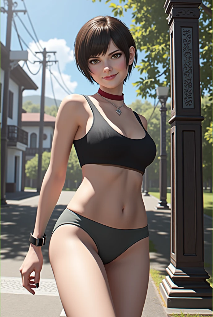 ((rebecca chambers)), crop top, white tank , Booty shorts, gentle smile ,