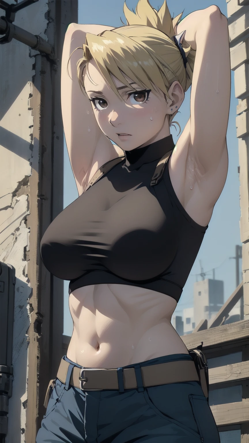 masterpiece, highest quality, High resolution, One Girl, Hamriz, ponytail, Brown eyes,big , Black Shirt, Tight shirt, holster, Short sleeve, belt, Covered navel, Blue pants,indoor、Upper body close-up、Muscular body、blush、Sweat、Composition from the front、アニメ、(((Close-up of a person、Big Boobs、Outdoor、Beautiful Shadows、Both armpits exposed、Sweat、Look forward)))