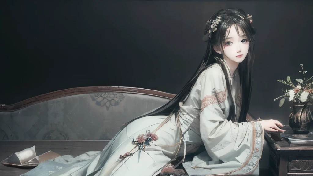 (RAW photos, best quality),(Practical, photo-Practical:1.3), masterpiece, Extremely delicate and beautiful, Extremely detailed, CG, Unite , 2k wallpapers, Astonishing, Fine details, A faint smile, Extremely detailed CG Unite 8k wallpaper, landscape,Chinese ink painting style,(A beautiful maiden),Hazy Beauty,Beauty lying on the couch。Hanfu