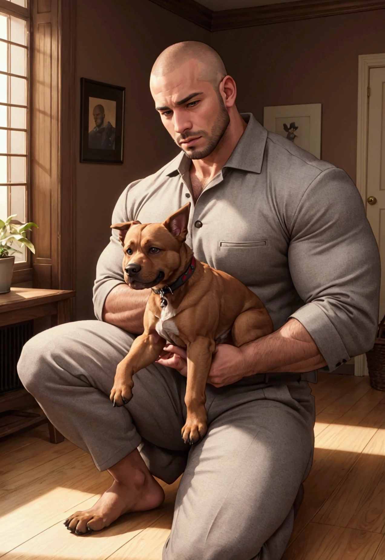 A man wearing a shaved head suit playing with his dog in a room、Highest quality、Thick body hair、Brown skin、The perfect dog