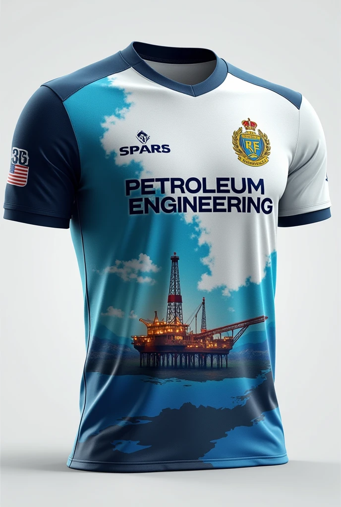 Create a front and back image of a football shirt for the Petroleum Engineering course

