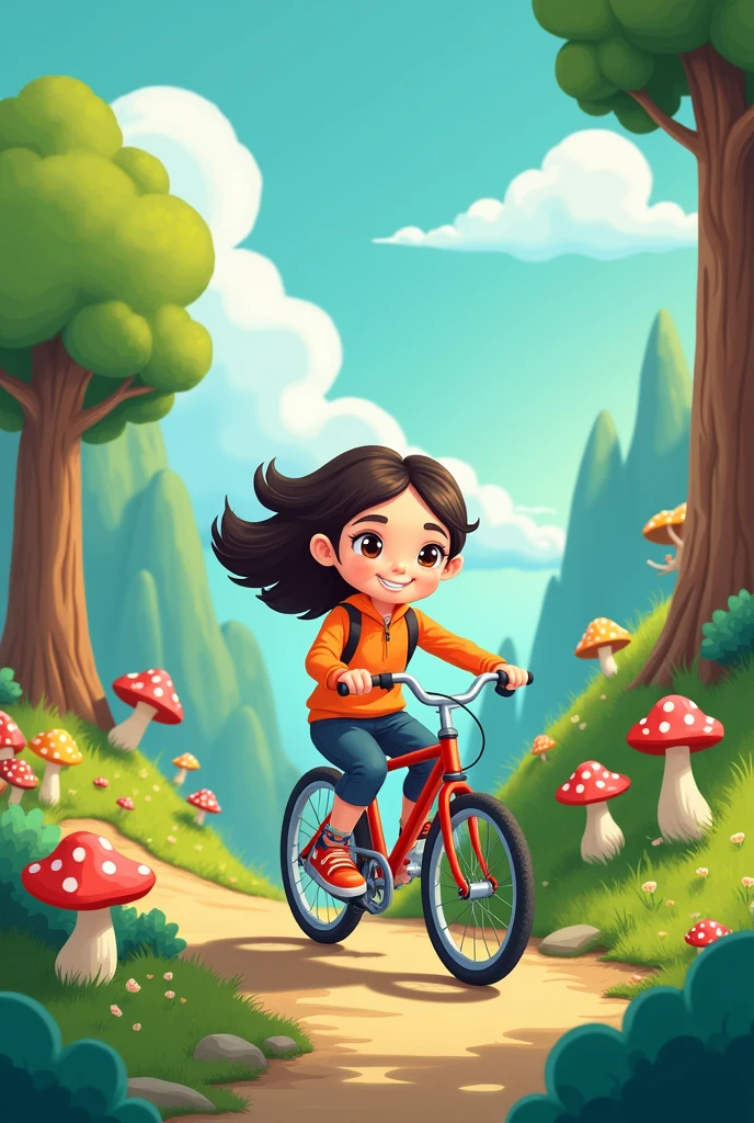 Girl riding a bicycle，Cartoon characters on forest island，cute，Two-headed body。Flat art style