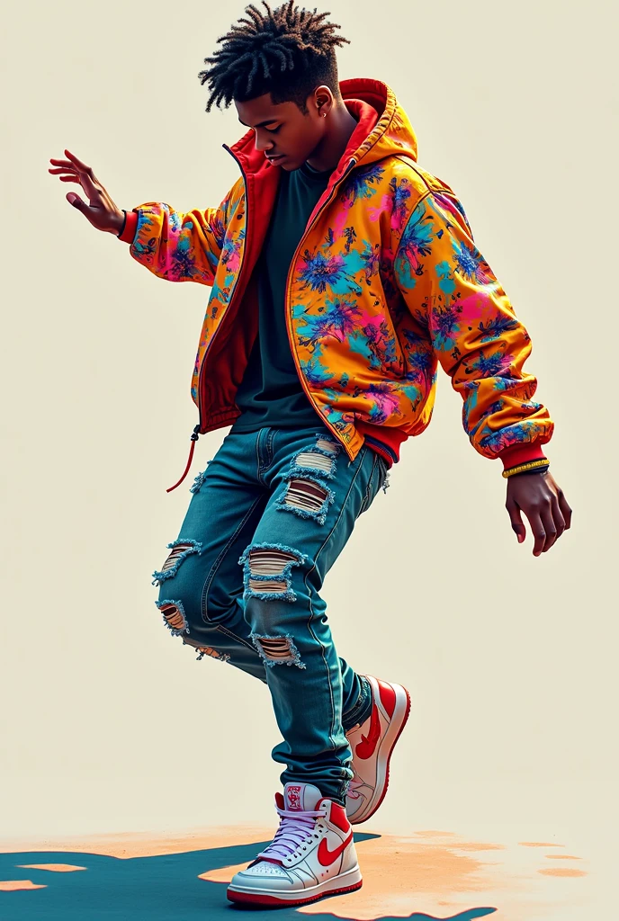 Young man aged 15 to 20 with colorful urban clothing, abstract figures on their clothes dancing break dance 