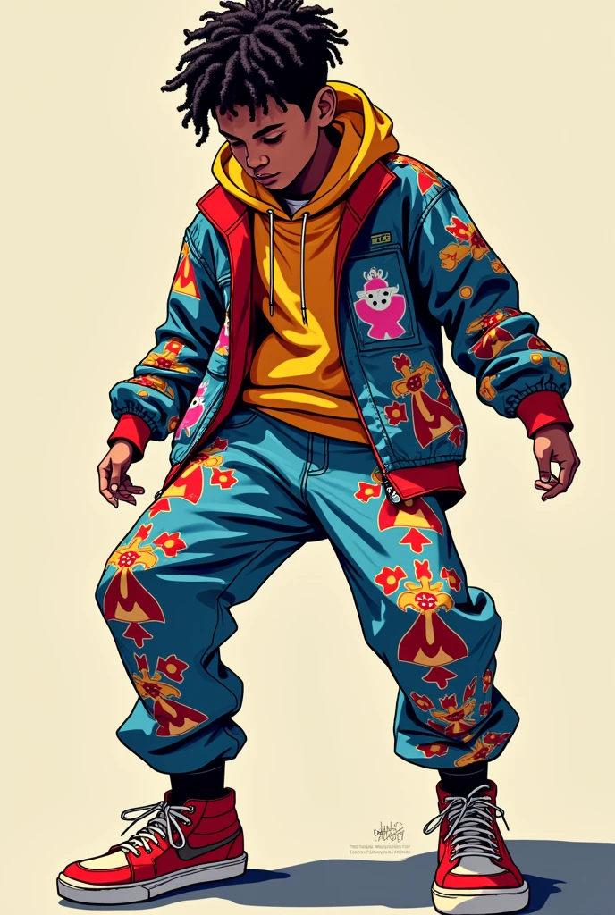 Young man aged 15 to 20 with colorful urban clothing, abstract figures on their clothes dancing break dance