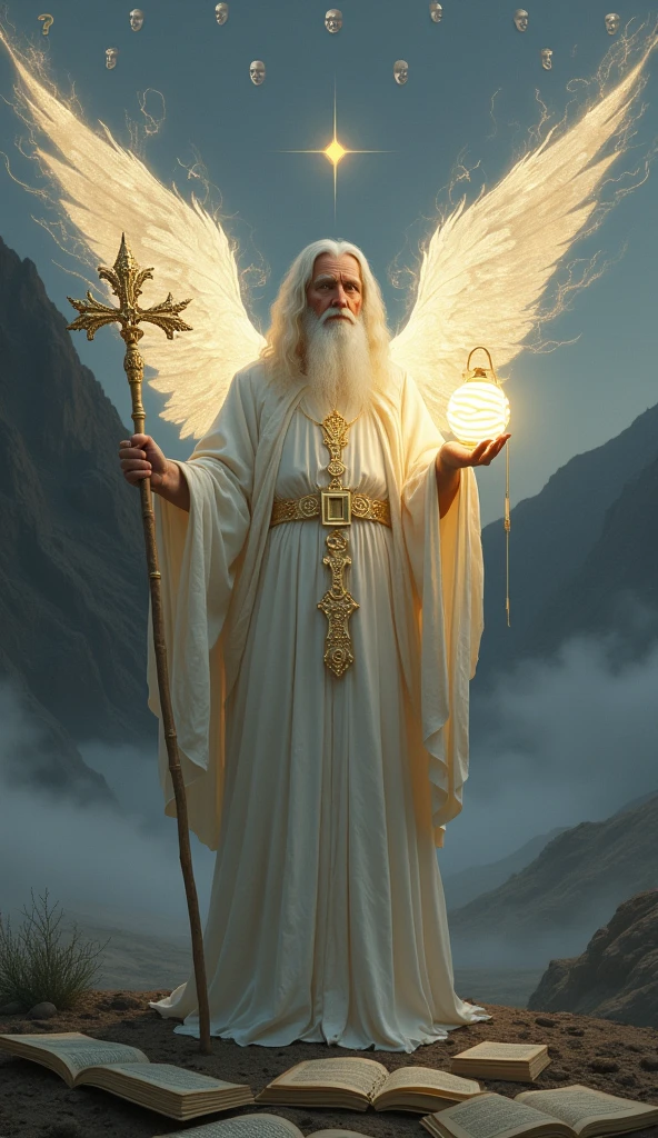 Create a hyper-realistic and artistically striking tarot card titled "The Hermit" for the Lumen Angelis deck, inspired by the Rider-Waite tarot. The central figure is a wise, aged angel with ethereal, flowing white robes, holding a staff of radiant light in one hand. The staff is intricately detailed, with glowing runes etched along its length, symbolizing ancient wisdom and knowledge. In the other hand, the angel holds a lantern, but instead of the usual star, it contains a swirling orb of dim, mystical light, casting long, shadowy rays. This light symbolizes the search for truth in the darkness of doubt.
The angel's face is serene yet contemplative, with eyes that reflect deep wisdom and introspection. The background is a desolate, mountainous landscape under a twilight sky, where the distant horizon is barely visible, symbolizing the endless journey of seeking knowledge. The ground is covered in mist, and scattered ancient texts and scrolls partially emerge from the fog, representing the hidden truths and wisdom yet to be uncovered.
Above the angel, faintly visible, are abstract, spectral forms of questioning faces, representing doubt and skepticism. These forms are subtle, blending with the twilight, emphasizing that skepticism and inquiry are companions on the path to enlightenment. The overall color palette is muted, with shades of gray, deep blue, and soft gold, creating a sense of solemnity and reverence for the pursuit of truth.