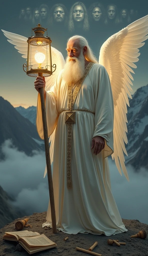 Create a hyper-realistic and artistically striking tarot card titled "The Hermit" for the Lumen Angelis deck, inspired by the Rider-Waite tarot. The central figure is a wise, aged angel with ethereal, flowing white robes, holding a staff of radiant light in one hand. The staff is intricately detailed, with glowing runes etched along its length, symbolizing ancient wisdom and knowledge. In the other hand, the angel holds a lantern, but instead of the usual star, it contains a swirling orb of dim, mystical light, casting long, shadowy rays. This light symbolizes the search for truth in the darkness of doubt.
The angel's face is serene yet contemplative, with eyes that reflect deep wisdom and introspection. The background is a desolate, mountainous landscape under a twilight sky, where the distant horizon is barely visible, symbolizing the endless journey of seeking knowledge. The ground is covered in mist, and scattered ancient texts and scrolls partially emerge from the fog, representing the hidden truths and wisdom yet to be uncovered.
Above the angel, faintly visible, are abstract, spectral forms of questioning faces, representing doubt and skepticism. These forms are subtle, blending with the twilight, emphasizing that skepticism and inquiry are companions on the path to enlightenment. The overall color palette is muted, with shades of gray, deep blue, and soft gold, creating a sense of solemnity and reverence for the pursuit of truth.