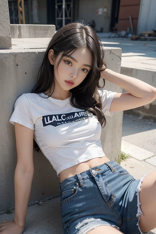 Girl in white good and tight denim skirt posing for photo, whole body, Cropped T-shirt, good, The body is slim, Small Bust, Slim Girl Model, 2 female models, Lying on a construction site, A group of black men watch