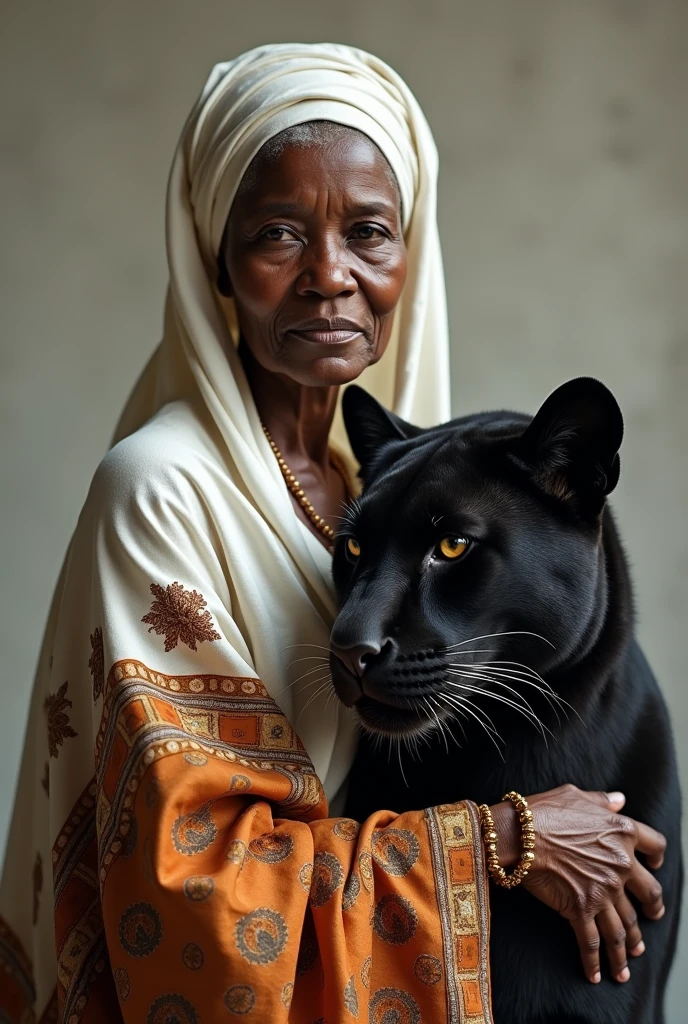 An elderly black woman in white African style clothing and a white cloth on her head next to a black panther