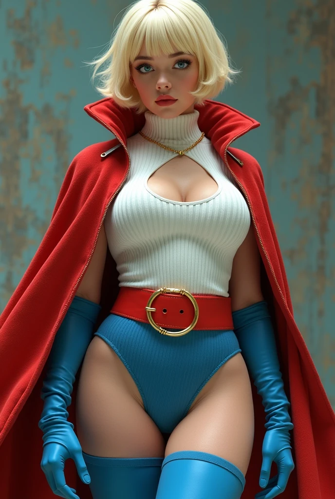 A SEXY BUSTY TEEN FEMALE WITH SHORT BLONDE HAIR, BLUE EYES WEARING A WHITE TURTLE NECK CORDROY LEOTARD WITH A ROUND CUT OUT HOLE ON THE CHEST, LONG BLUE GLOVES, TALL BLUE BOOTS, A RED WAIST BELT WITH A YELLOW CIRLCE BUCKLE, AND A LONG RED CAPE ATTACHED AT THE NECK WITH A GOLD ROPE. ABSURD 8K DETIALS AND TEXTURES. MASTERPIECE.
