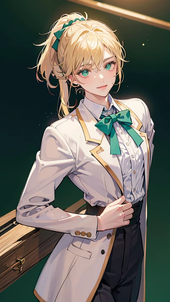 beautiful young male, short blonde ponytail hair, glossy green-tinged hazel eyes, posing with the right index finger touching the lips, with a calm and slightly provocative expression, against a softly blurred warm-toned background light, shot from a slightly high angle, with the person looking directly at the camera, the background lights out of focus.high quality, amount of drawing, pixiv illustration, School uniforms, Standing in a school classroom, Wearing a white jacket and pants, smile, Surrealism, chiaroscuro, cinematic lighting, UHD, high details, best quality, highres, 16k