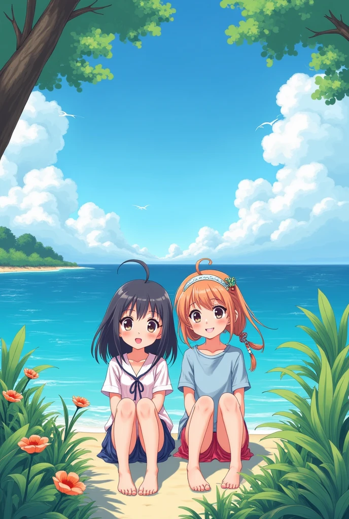 A sea , landscape, make comic type a small flower two girl best friend sat , beautiful nature , animated , anime character 